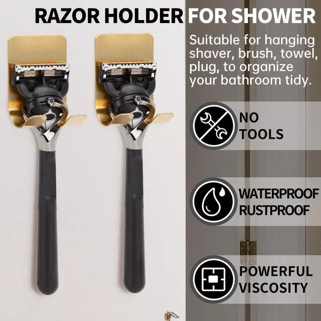 Alt view image 3 of 7 - Self Adhesive Hooks Waterproof Razor Holder in Inside Shower 4 Pack, Metal Heavy Duty Utility Storage Hook.Towel. Loofah Holder for Wall.Hanger Hooks for Bathroom or Kitchen Organisation. Gold
