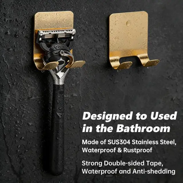 Alt view image 4 of 7 - Self Adhesive Hooks Waterproof Razor Holder in Inside Shower 4 Pack, Metal Heavy Duty Utility Storage Hook.Towel. Loofah Holder for Wall.Hanger Hooks for Bathroom or Kitchen Organisation. Gold