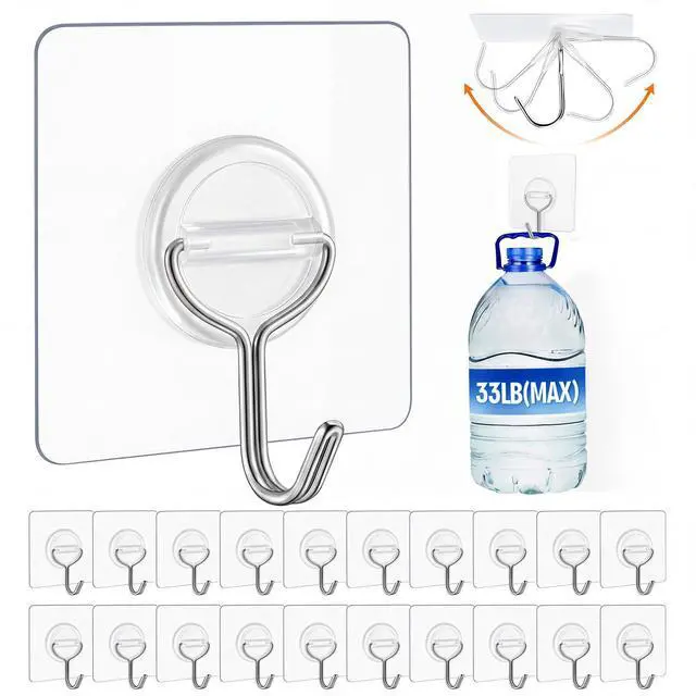 Main image of Adhesive Wall Hooks for Hanging Heavy Duty 33lb(Max), Waterproof and Rustproof Transparent Self Adhesive Hooks for Bathroom Kitchen Outdoor and Home Improvement -24 Pack