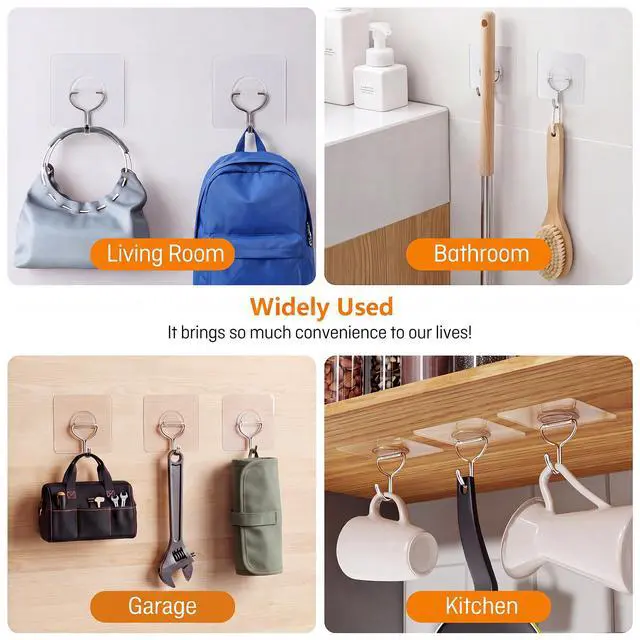 Alt view image 3 of 7 - Adhesive Wall Hooks for Hanging Heavy Duty 33lb(Max), Waterproof and Rustproof Transparent Self Adhesive Hooks for Bathroom Kitchen Outdoor and Home Improvement -24 Pack