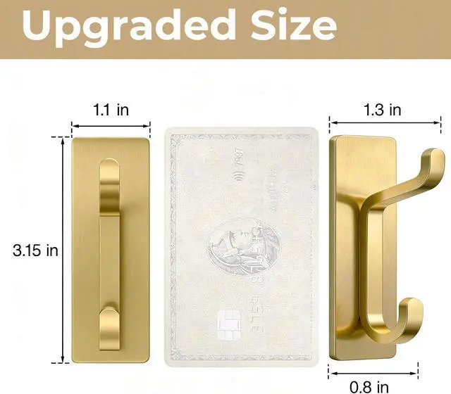 Alt view image 3 of 6 - Self Adhesive Wall Hooks for Hanging: Extra Strong 13 LB, Hook for Coat, Towel in Bathrooms, Shower, Kitchen, Wall, Door Hook, Brushed Gold 4 Pack