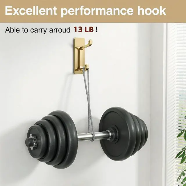 Alt view image 2 of 6 - Self Adhesive Wall Hooks for Hanging: Extra Strong 13 LB, Hook for Coat, Towel in Bathrooms, Shower, Kitchen, Wall, Door Hook, Brushed Gold 4 Pack