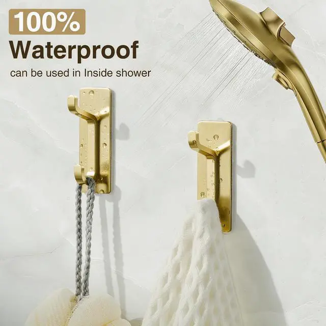 Alt view image 5 of 6 - Self Adhesive Wall Hooks for Hanging: Extra Strong 13 LB, Hook for Coat, Towel in Bathrooms, Shower, Kitchen, Wall, Door Hook, Brushed Gold 4 Pack