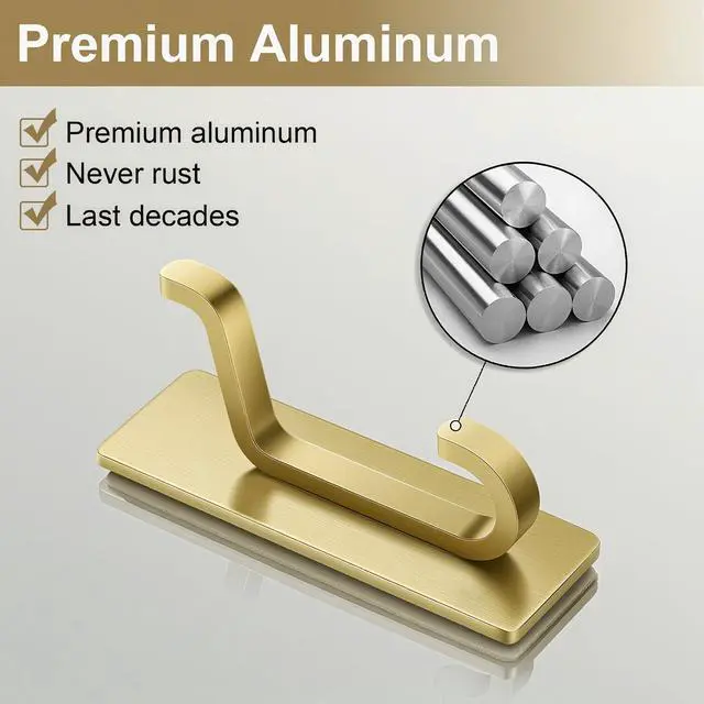 Alt view image 6 of 6 - Self Adhesive Wall Hooks for Hanging: Extra Strong 13 LB, Hook for Coat, Towel in Bathrooms, Shower, Kitchen, Wall, Door Hook, Brushed Gold 4 Pack