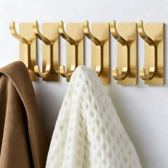 Main image of Adhesive Wall Coat Hooks - Heavy Duty Stick-On Door Hanger, Metal Hook for Hanging Towel,Purse, Robe, Backpack, Jacket, Clothes - for Bathroom,Dorm, Closet, Kitchen - Gold, 6 Pack
