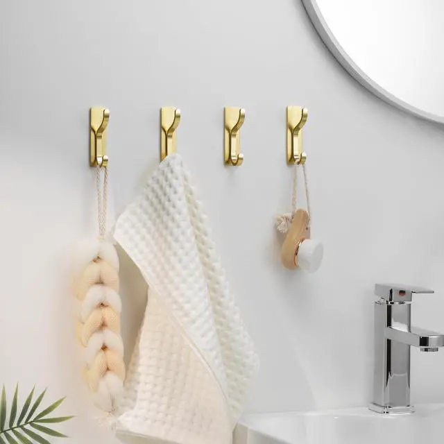 Alt view image 4 of 7 - Adhesive Wall Coat Hooks - Heavy Duty Stick-On Door Hanger, Metal Hook for Hanging Towel,Purse, Robe, Backpack, Jacket, Clothes - for Bathroom,Dorm, Closet, Kitchen - Gold, 6 Pack