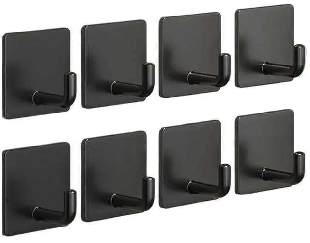 Main image of Adhesive Hooks for Hanging, Self-Adhesive Wall Hook for Key Hat Coat, No Drill Stick on Bathroom Towel Hooks, Shower Kitchen Door Home Outdoor 8 Pack, Black