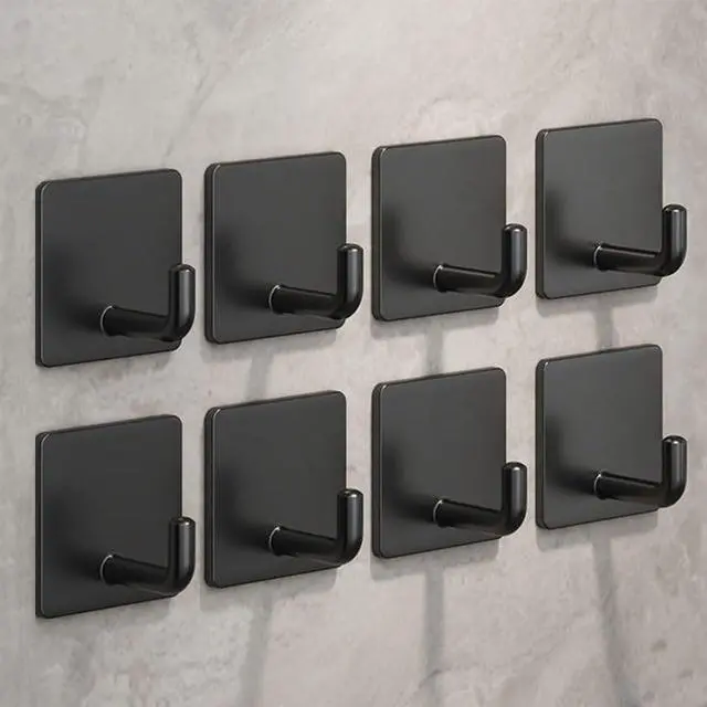 Alt view image 3 of 7 - Adhesive Hooks for Hanging, Self-Adhesive Wall Hook for Key Hat Coat, No Drill Stick on Bathroom Towel Hooks, Shower Kitchen Door Home Outdoor 8 Pack, Black