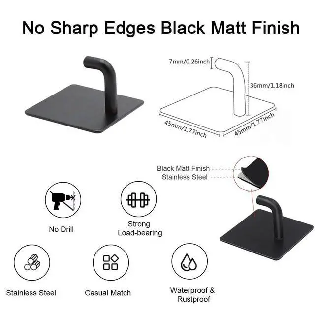 Alt view image 4 of 7 - Adhesive Hooks for Hanging, Self-Adhesive Wall Hook for Key Hat Coat, No Drill Stick on Bathroom Towel Hooks, Shower Kitchen Door Home Outdoor 8 Pack, Black