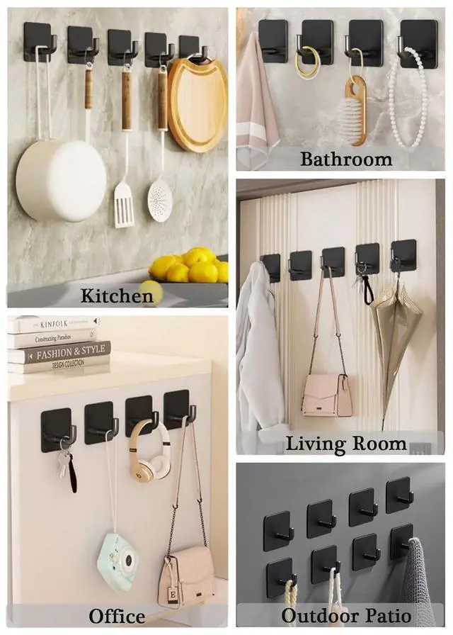 Alt view image 5 of 7 - Adhesive Hooks for Hanging, Self-Adhesive Wall Hook for Key Hat Coat, No Drill Stick on Bathroom Towel Hooks, Shower Kitchen Door Home Outdoor 8 Pack, Black