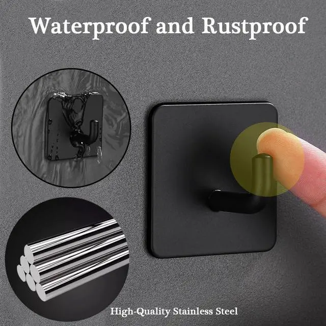 Alt view image 6 of 7 - Adhesive Hooks for Hanging, Self-Adhesive Wall Hook for Key Hat Coat, No Drill Stick on Bathroom Towel Hooks, Shower Kitchen Door Home Outdoor 8 Pack, Black