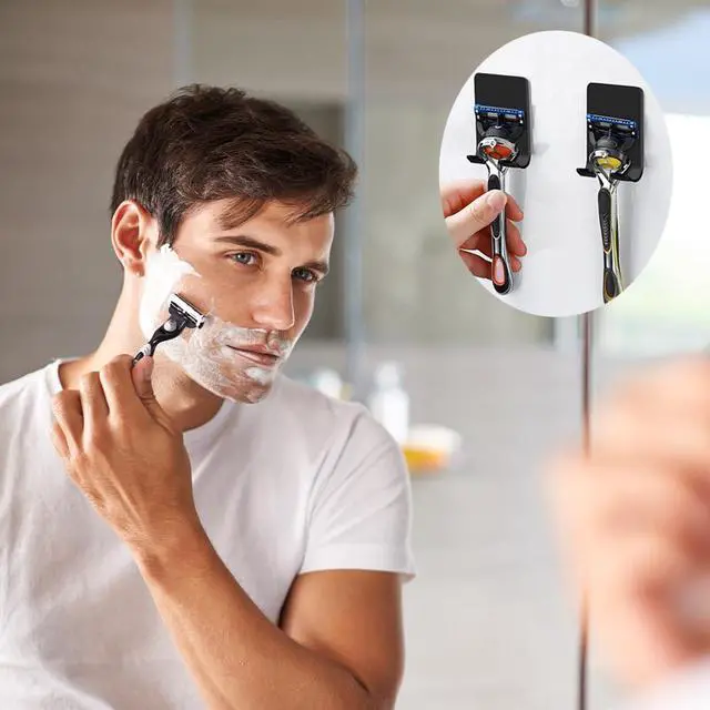 Alt view image 4 of 7 - Razor Holder Shaver Hook Hanger Stand(2 Pack)Heavy Duty Self Adhesive Hooks Stainless Steel Sticky Wall Hooks,Shower Hook for Razor,Bathroom Kitchen Organizer for Plug Robe Towel Loofah Bathrobe Coat