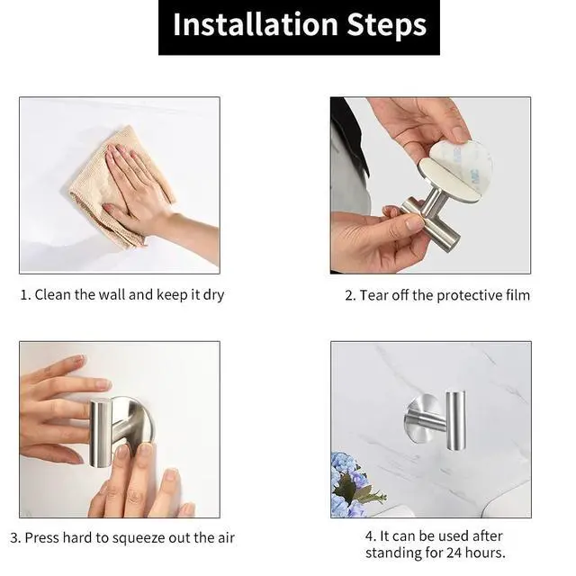 Alt view image 5 of 6 - Adhesive Brushed Nickel SUS304 Stainless Steel Towel Hooks Heavy Duty Waterproof, Self-Adhesive Coat Robe Hook for Bathroom, Kitchen, Hotel (2-Pack)