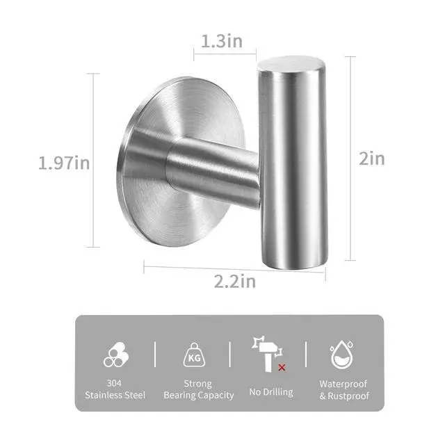 Alt view image 2 of 6 - Adhesive Brushed Nickel SUS304 Stainless Steel Towel Hooks Heavy Duty Waterproof, Self-Adhesive Coat Robe Hook for Bathroom, Kitchen, Hotel (2-Pack)