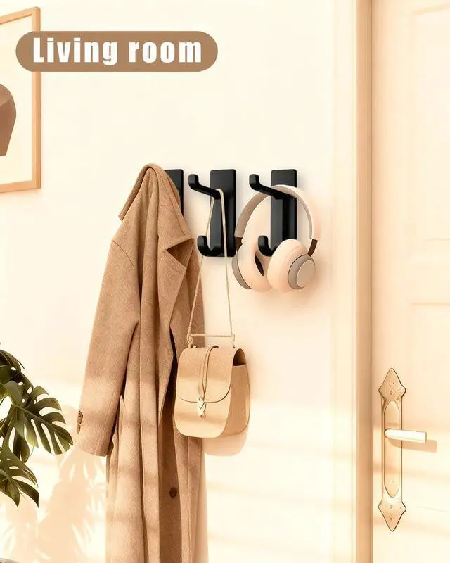 Alt view image 2 of 7 - Self Adhesive Wall Hooks, 6 Pack Coat Hooks Wall Mount Heavy Duty Stainless, Double Extra Stick On Towel Hook for Bedroom Kitchen, Over the Door Hook for Hanging Key Hat Backpack (Black)
