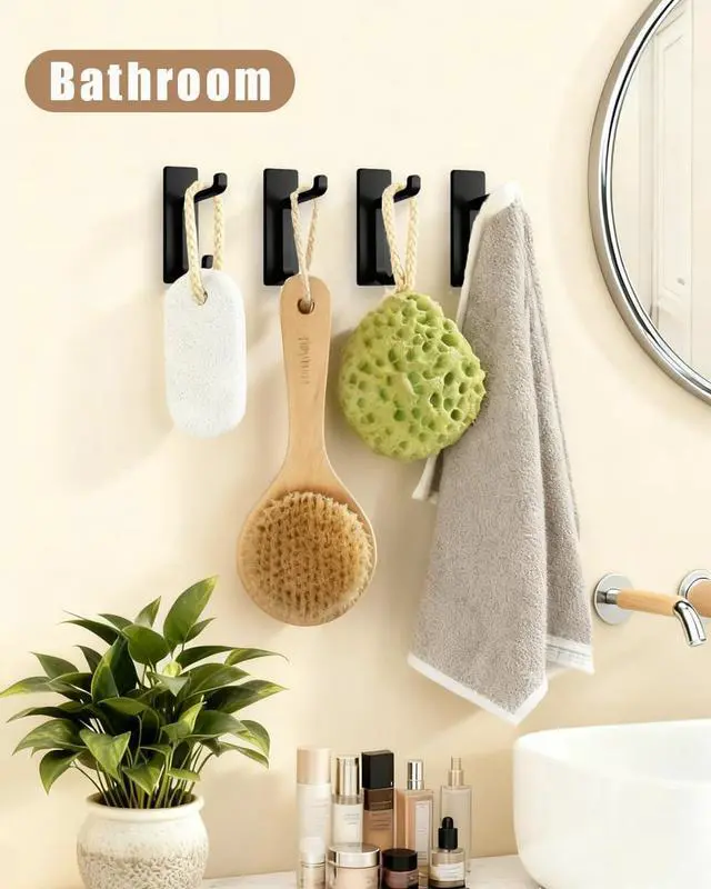 Alt view image 3 of 7 - Self Adhesive Wall Hooks, 6 Pack Coat Hooks Wall Mount Heavy Duty Stainless, Double Extra Stick On Towel Hook for Bedroom Kitchen, Over the Door Hook for Hanging Key Hat Backpack (Black)