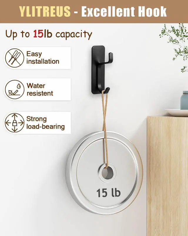 Alt view image 4 of 7 - Self Adhesive Wall Hooks, 6 Pack Coat Hooks Wall Mount Heavy Duty Stainless, Double Extra Stick On Towel Hook for Bedroom Kitchen, Over the Door Hook for Hanging Key Hat Backpack (Black)