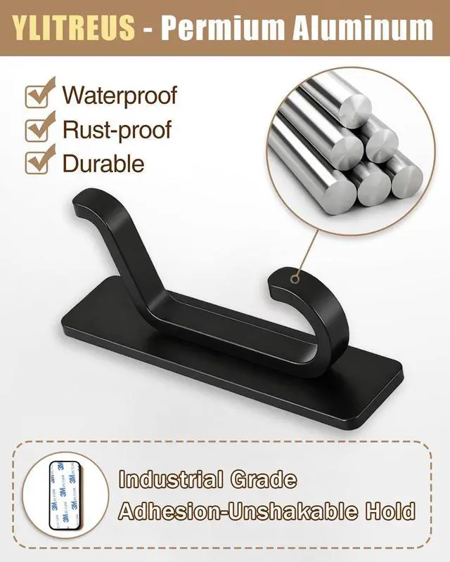 Alt view image 5 of 7 - Self Adhesive Wall Hooks, 6 Pack Coat Hooks Wall Mount Heavy Duty Stainless, Double Extra Stick On Towel Hook for Bedroom Kitchen, Over the Door Hook for Hanging Key Hat Backpack (Black)