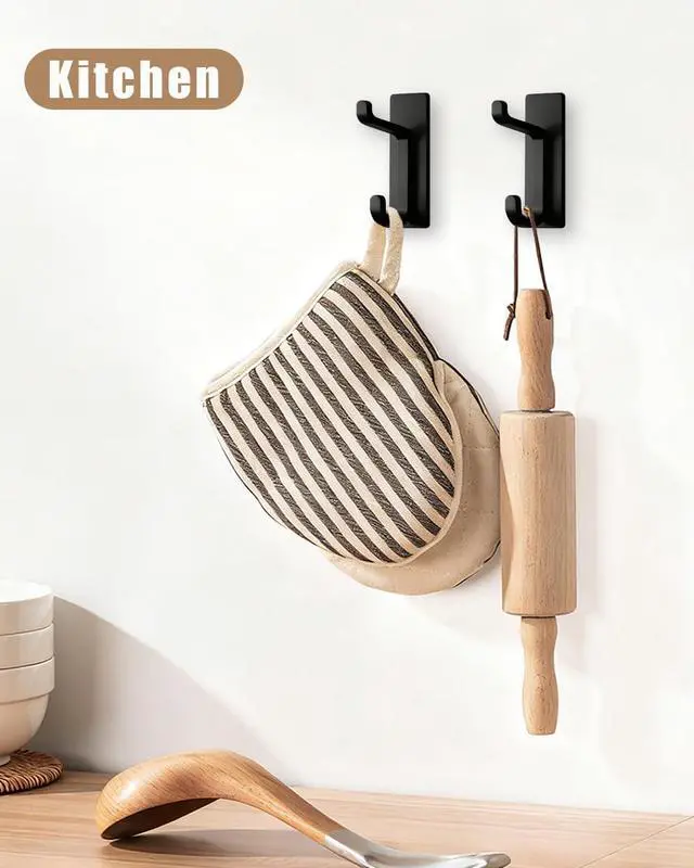 Alt view image 6 of 7 - Self Adhesive Wall Hooks, 6 Pack Coat Hooks Wall Mount Heavy Duty Stainless, Double Extra Stick On Towel Hook for Bedroom Kitchen, Over the Door Hook for Hanging Key Hat Backpack (Black)