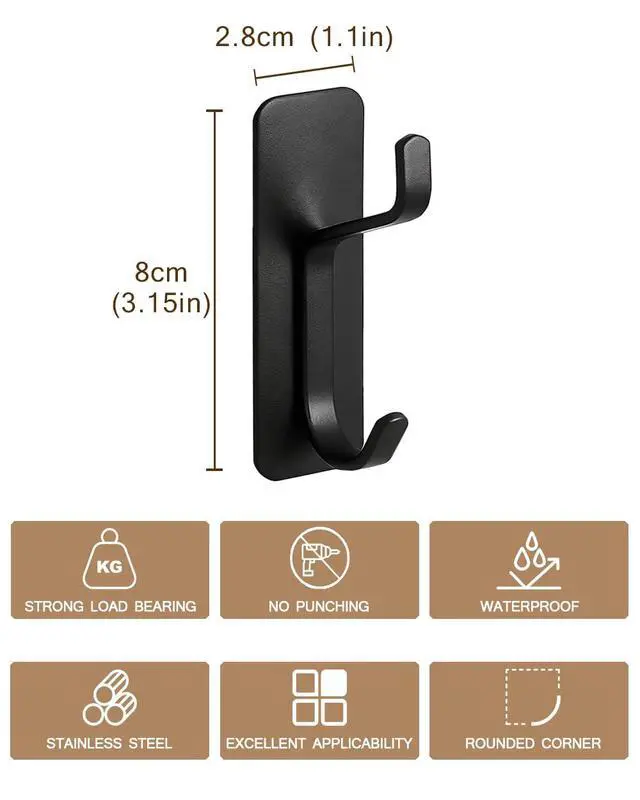 Alt view image 7 of 7 - Self Adhesive Wall Hooks, 6 Pack Coat Hooks Wall Mount Heavy Duty Stainless, Double Extra Stick On Towel Hook for Bedroom Kitchen, Over the Door Hook for Hanging Key Hat Backpack (Black)