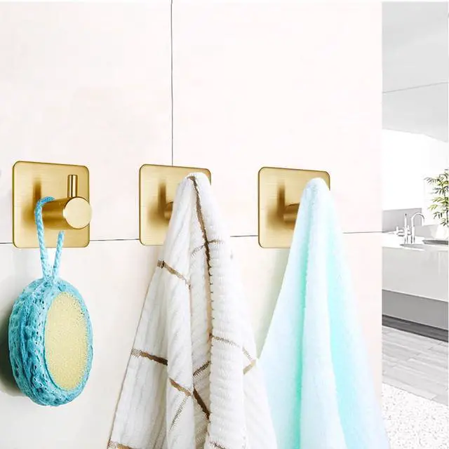 Alt view image 4 of 7 - Gold Adhesive Hooks 15LB (Max), Non Tarnish Sticky Hooks for Hanging Towels, Coat, Backpack, Purse, Hat, Key, Self-Adhesive Towel Holder for Shower Closet Bathroom-4 Packs