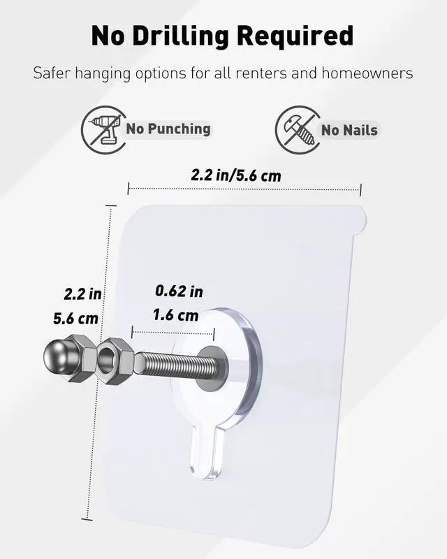Alt view image 3 of 7 - 20 Pcs Self Adhesive Picture Hooks, 26.5 lbs Load No Drill Screw Stickers Heavy Duty Picture Hangers Without Nails, 16 mm No Nails Wall Hooks for Hanging, Sticky Hook for Bathroom Kitchen