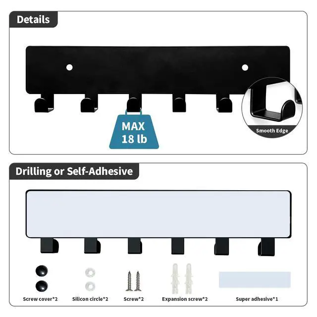 Alt view image 3 of 6 - GTK Key Holder for Wall, Key Hooks with 6 Hooks, Wall Mounted Key Holder for Hallway, Self Adhesive Key Rack(Black)