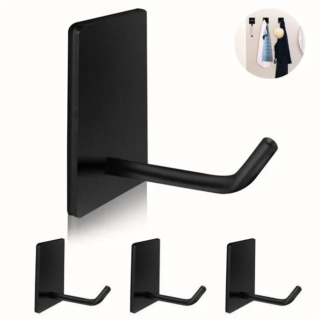 Main image of Adhesive Hooks Heavy Duty, Long Stainless Steel Self Adhesive Wall Hook, Sticky Towel Hangers for Kitchen Bathroom, Waterproof Stick on Door Hooks for Hanging Key Hat Coat 4Pack(Black)