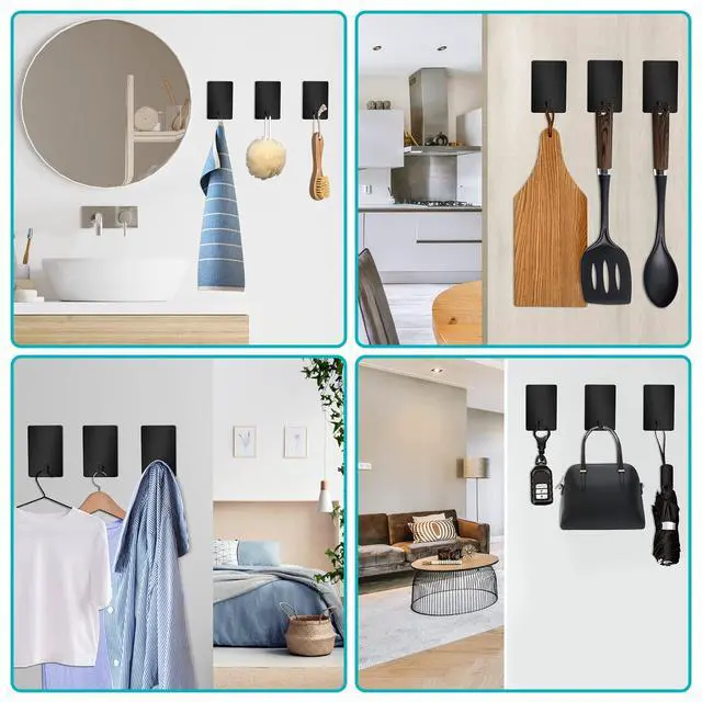 Alt view image 4 of 6 - Adhesive Hooks Heavy Duty, Long Stainless Steel Self Adhesive Wall Hook, Sticky Towel Hangers for Kitchen Bathroom, Waterproof Stick on Door Hooks for Hanging Key Hat Coat 4Pack(Black)