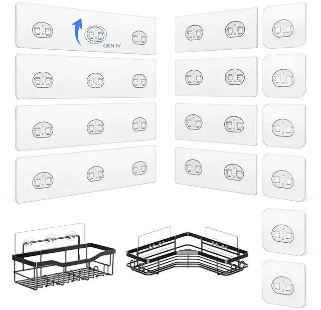 Main image of Shower Caddy Adhesive Replacement Hooks, Strong Waterproof Strips, No Drilling for Bathroom Shelves, Kitchen Racks, and Soap Holders (Transparent-14 Pack)