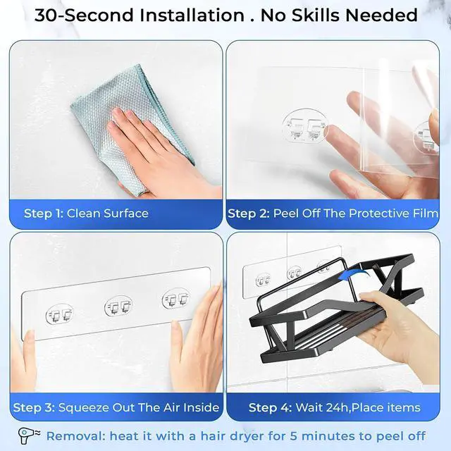 Alt view image 7 of 7 - Shower Caddy Adhesive Replacement Hooks, Strong Waterproof Strips, No Drilling for Bathroom Shelves, Kitchen Racks, and Soap Holders (Transparent-14 Pack)