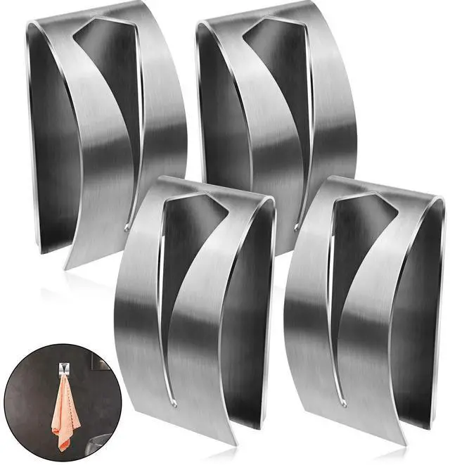 Main image of 4 Pcs Self Adhesive Towel Hook Holder Grabber Stainless Steel Kitchen Dish Towel Hook Wall Mount Non Drilling Hangers Rack Hand Tea Holders for Bathroom Accesories Kitchen Gadgets (Silver)