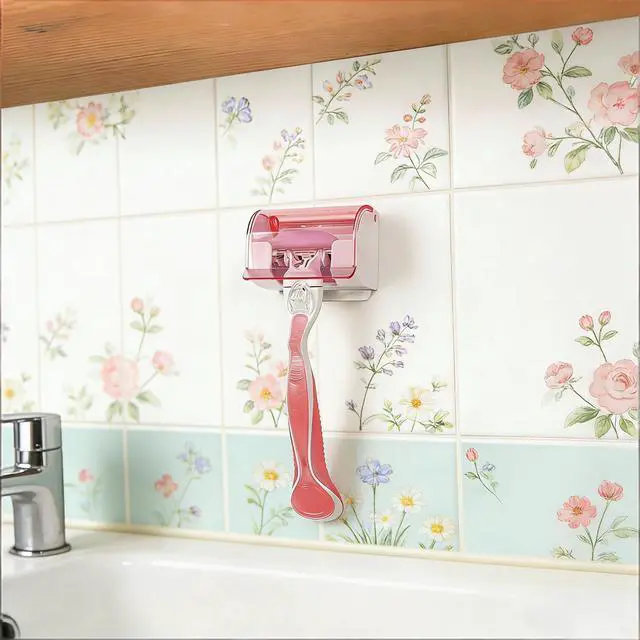 Alt view image 3 of 7 - 2 Pack Razor Holder with Cover for Shower Wall, Self Adhesive Razor Stand Shaver Organizer, Plastic Razor Hanger Hooks Compatible with Gillette Venus, Flamingo, BIC, Billie (Clear Pink)