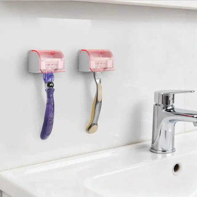 Alt view image 6 of 7 - 2 Pack Razor Holder with Cover for Shower Wall, Self Adhesive Razor Stand Shaver Organizer, Plastic Razor Hanger Hooks Compatible with Gillette Venus, Flamingo, BIC, Billie (Clear Pink)