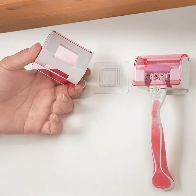 Alt view image 4 of 7 - 2 Pack Razor Holder with Cover for Shower Wall, Self Adhesive Razor Stand Shaver Organizer, Plastic Razor Hanger Hooks Compatible with Gillette Venus, Flamingo, BIC, Billie (Clear Pink)