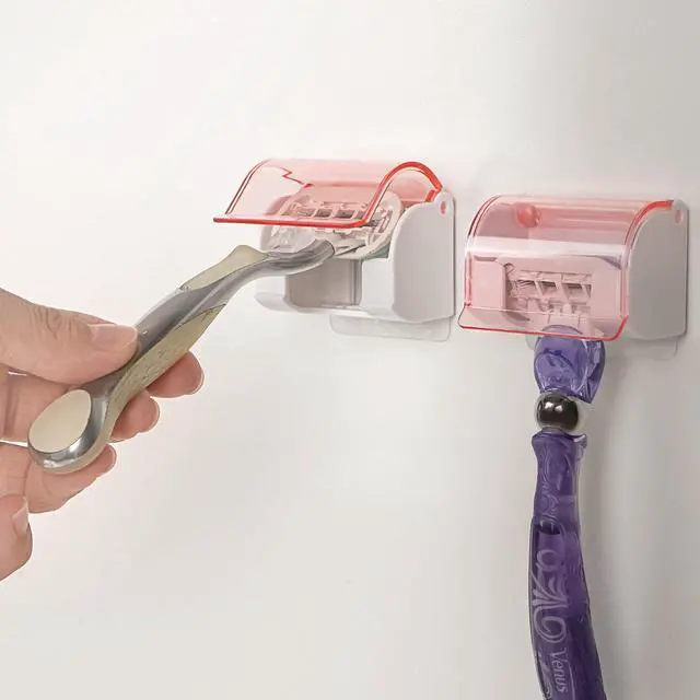 Alt view image 5 of 7 - 2 Pack Razor Holder with Cover for Shower Wall, Self Adhesive Razor Stand Shaver Organizer, Plastic Razor Hanger Hooks Compatible with Gillette Venus, Flamingo, BIC, Billie (Clear Pink)