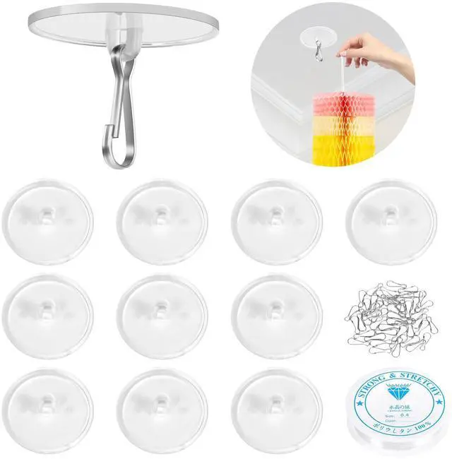 Main image of 10-Pack Self-Adhesive Ceiling Hooks with 80ft Hanging Line for Paper Lanterns Hanging, Removable Sticky Damage-Free No-Drill Ceiling Wall Hooks for Festival Wedding Birthday Party