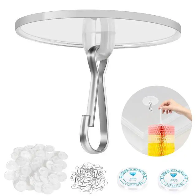 Alt view image 2 of 7 - 10-Pack Self-Adhesive Ceiling Hooks with 80ft Hanging Line for Paper Lanterns Hanging, Removable Sticky Damage-Free No-Drill Ceiling Wall Hooks for Festival Wedding Birthday Party