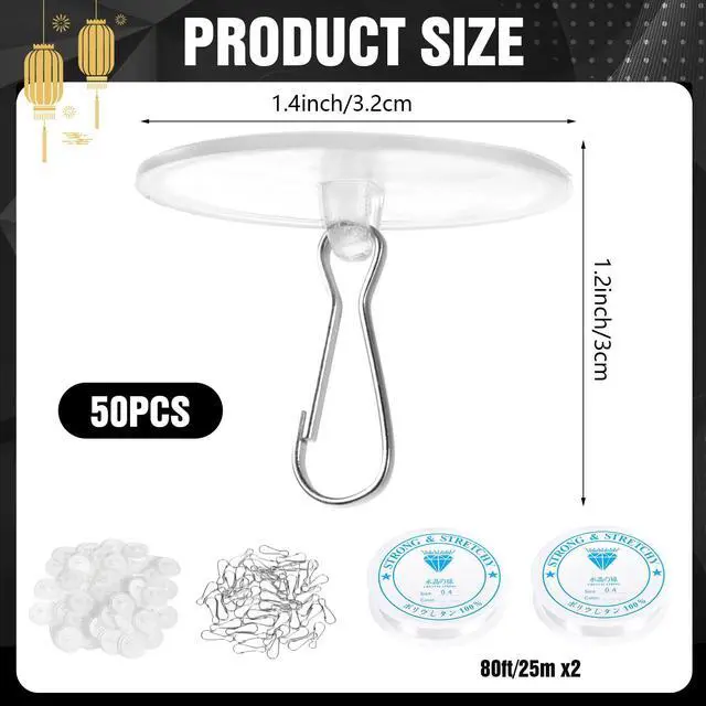 Alt view image 3 of 7 - 10-Pack Self-Adhesive Ceiling Hooks with 80ft Hanging Line for Paper Lanterns Hanging, Removable Sticky Damage-Free No-Drill Ceiling Wall Hooks for Festival Wedding Birthday Party