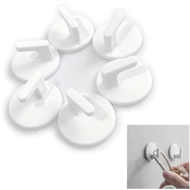 Main image of 6 Pcs Adhesive Plastic Hooks - Small Wall Hooks for Hanging, Drill-Free, Seamless - Kitchen Bathroom - 34 * 34 * 21 mm, White