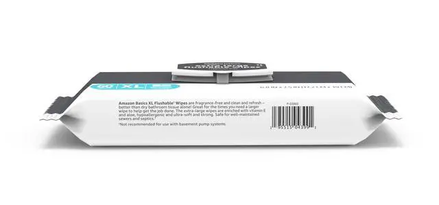 Alt view image 2 of 5 - Basics Extra Large Flushable Wipes, Fragrance Free, pH Balanced, with Vitamin E & Aloe, 60 Count, 3-Pack