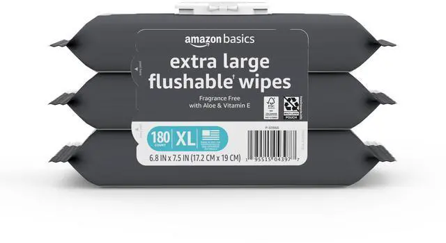 Main image of Basics Extra Large Flushable Wipes, Fragrance Free, pH Balanced, with Vitamin E & Aloe, 60 Count, 3-Pack
