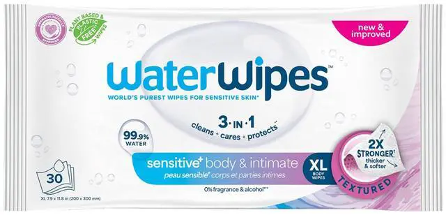 Main image of Sensitive Whole Body Cleansing Wipes, 99.9% Purified Water, XL Textured Wipes, Incontinence Care, Fragrance Free, 30 Count