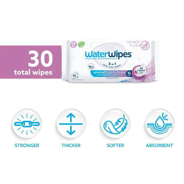Alt view image 2 of 7 - Sensitive Whole Body Cleansing Wipes, 99.9% Purified Water, XL Textured Wipes, Incontinence Care, Fragrance Free, 30 Count