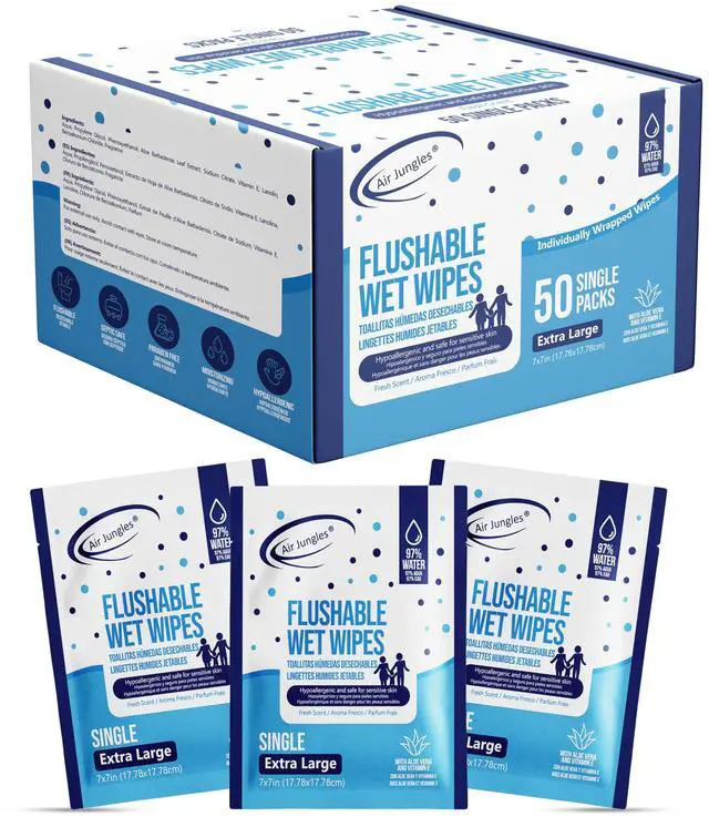 Main image of Flushable Wipes Travel Size Individually Wrapped 50 Ct,, Ultra Soft and Large for Adult and Kid, 97% Water - XL 7 X 7 in, Fresh Scent