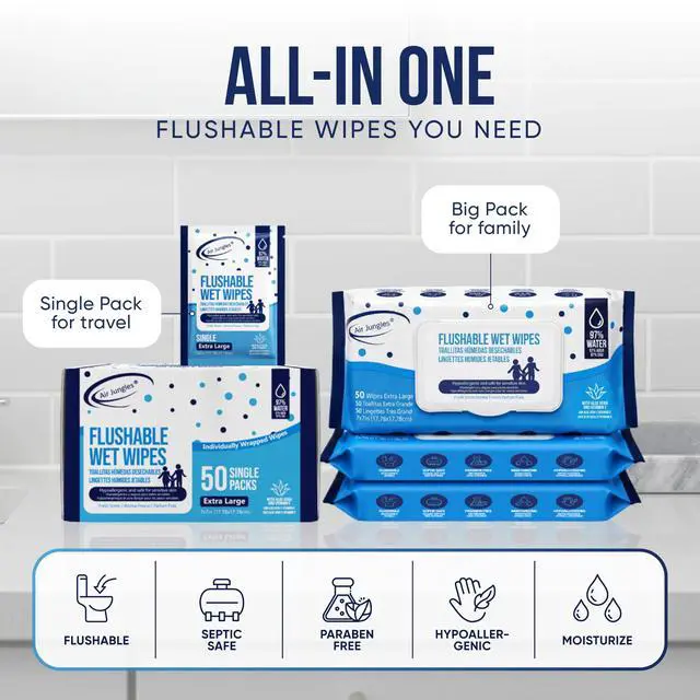 Alt view image 2 of 7 - Flushable Wipes Travel Size Individually Wrapped 50 Ct,, Ultra Soft and Large for Adult and Kid, 97% Water - XL 7 X 7 in, Fresh Scent