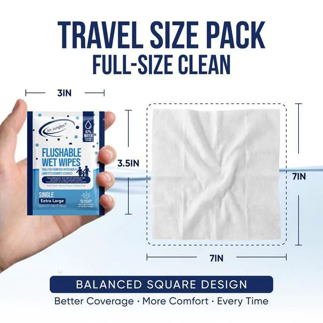 Alt view image 4 of 7 - Flushable Wipes Travel Size Individually Wrapped 50 Ct,, Ultra Soft and Large for Adult and Kid, 97% Water - XL 7 X 7 in, Fresh Scent
