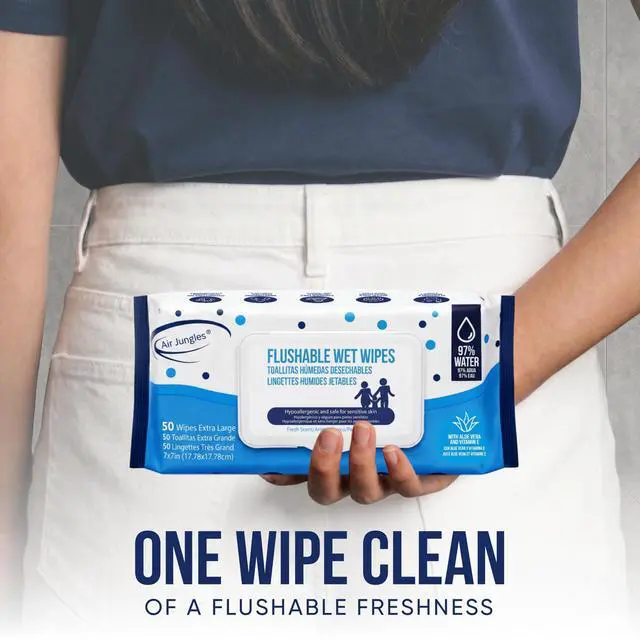 Alt view image 7 of 7 - Flushable Wipes Travel Size Individually Wrapped 50 Ct,, Ultra Soft and Large for Adult and Kid, 97% Water - XL 7 X 7 in, Fresh Scent