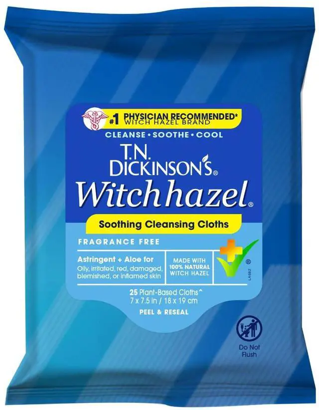 Main image of Witch Hazel Soothing Cleansing Cloths | Removes Dirt, Oil, Impurities | For Oily, Irritated, Red, Damaged, Blemished, Sensitive Skin | 25 Total Wipes