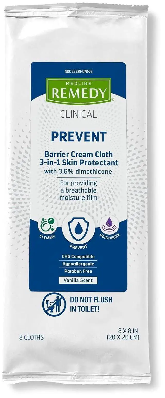 Main image of Clinical 3-in-1 Barrier Cream Cloth, 8 count (1 Pack), 8 x 8 in Adult Wet Wipes, Vanilla Scent, Incontinent Care, Dimethicone, Irritated Skin, Soothing, Nourishing, Gentle